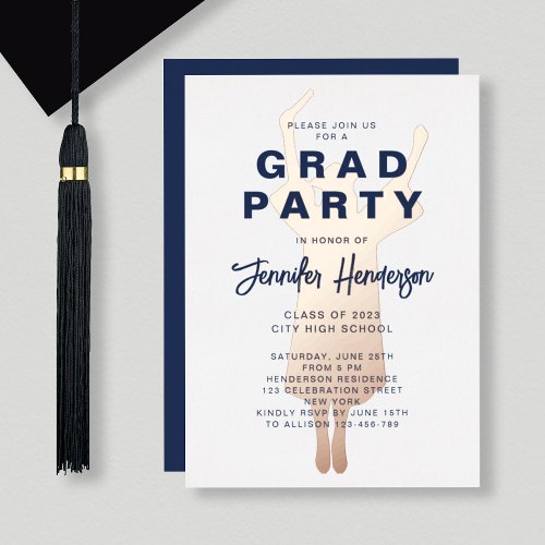 Navy Blue Rose Gold Foil Graduation Party Foil Invitation