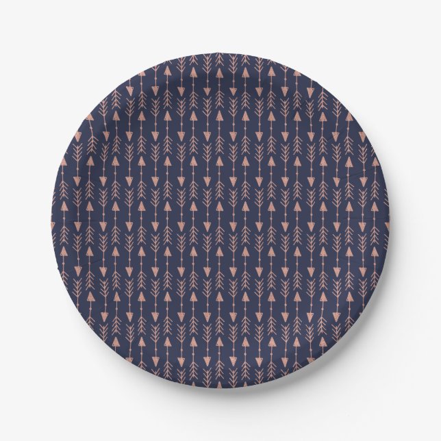 Navy Blue Rose Gold Foil Hipster Tribal Arrows Paper Plates (Front)