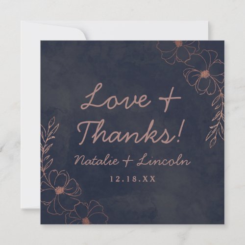 Navy Blue  Rose Gold Foil Love and Thanks Square Thank You Card