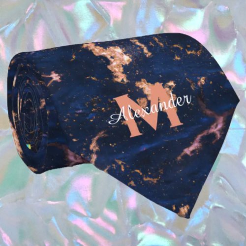 Navy Blue Rose Gold Foil Marble Monogram Neck Tie