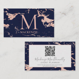 Navy Blue Rose Gold Foil Marble Monogram QR Code Business Card