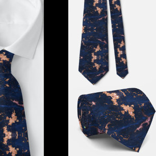 Navy Blue Rose Gold Foil Marble Neck Tie