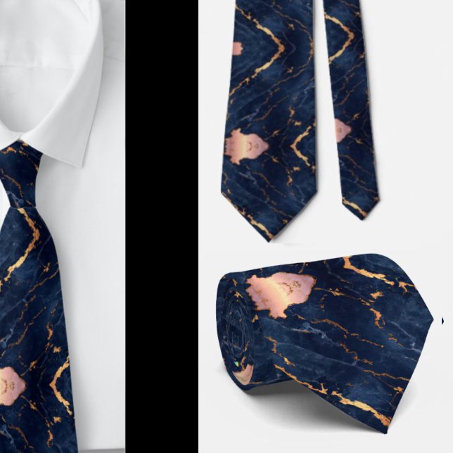 Navy Blue Rose Gold Foil Marble Neck Tie (Creator Uploaded)