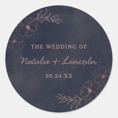 Navy Blue  Rose Gold Foil Monogram Rustic Wedding Classic Round Sticker