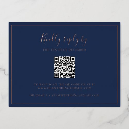 Navy Blue Rose Gold Foil QR Code Wedding RSVP Card