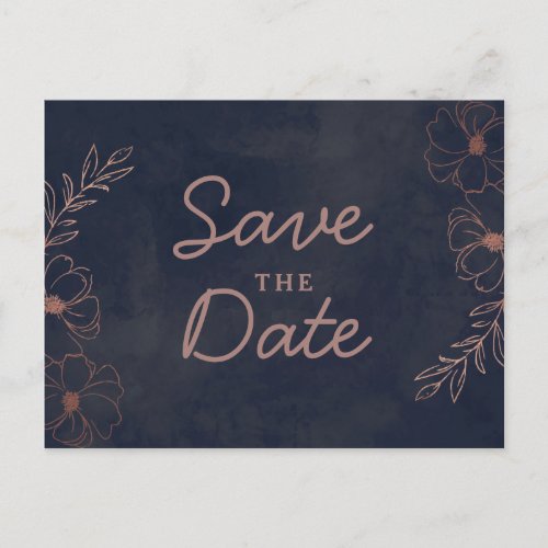 Navy Blue  Rose Gold Foil Rustic Save the Date Announcement Postcard