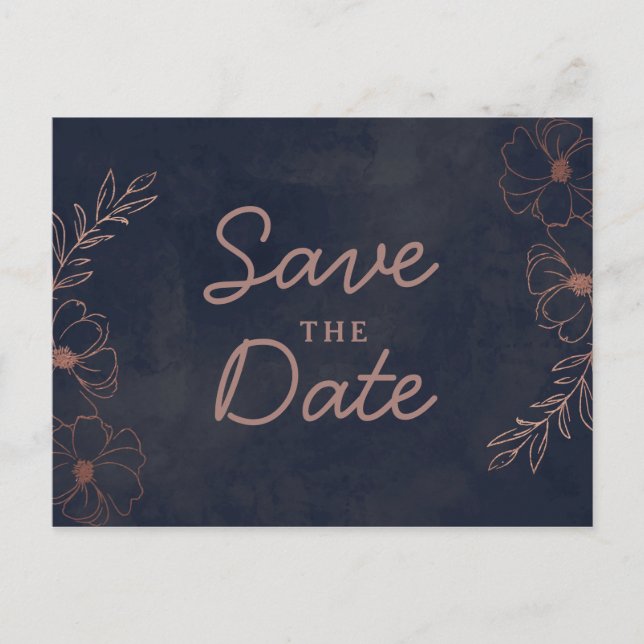 Navy Blue & Rose Gold Foil Rustic Save the Date Announcement Postcard (Front)