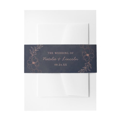 Navy Blue  Rose Gold Foil Rustic Wedding Monogram Invitation Belly Band