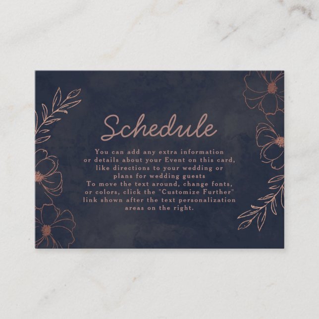 Navy Blue & Rose Gold Foil Rustic Wedding Schedule Enclosure Card (Front)