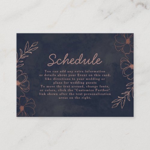 Navy Blue  Rose Gold Foil Rustic Wedding Schedule Enclosure Card