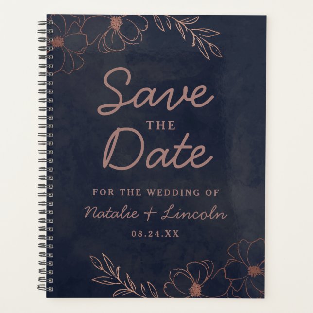 Navy Blue & Rose Gold Foil Save the Date Wedding Planner (Front)