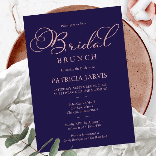 Navy Blue Rose Gold Foil Script Bridal Brunch Invitation