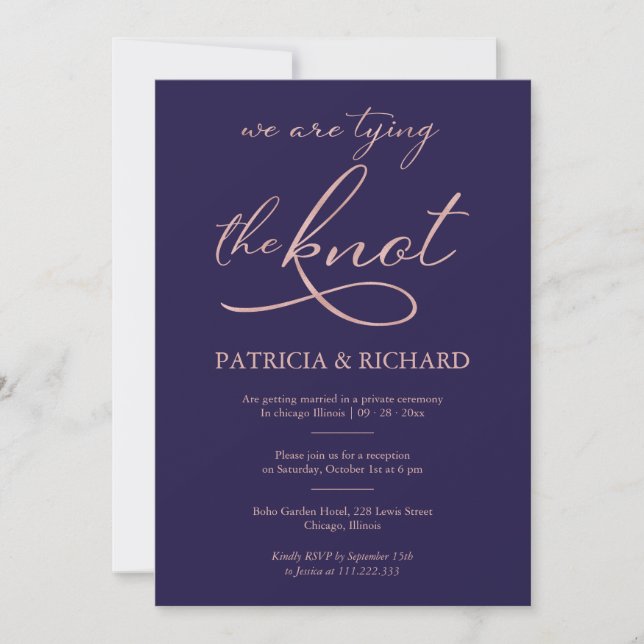 Navy Blue Rose Gold Foil Script Elopement Wedding Invitation (Front)