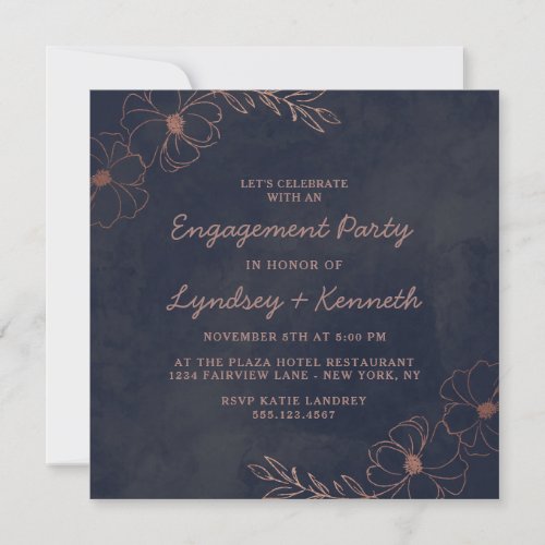 Navy Blue  Rose Gold Foil Square Engagement Party Invitation