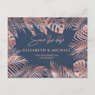 Navy blue rose gold foil tropical leaves romantic announcement postcard