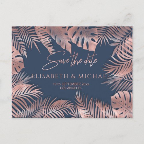 Navy blue rose gold foil tropical leaves romantic announcement postcard