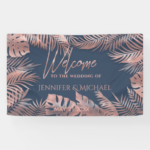 Navy blue rose gold foil tropical leaves romantic banner