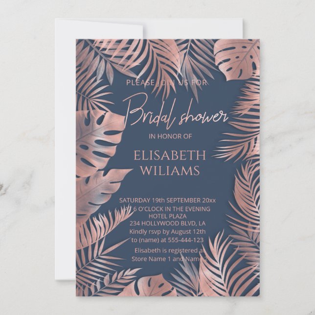 Navy blue rose gold foil  tropical leaves romantic invitation (Front)