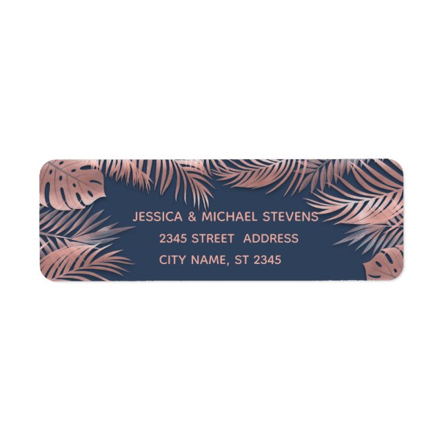 Navy blue rose gold foil tropical leaves romantic label (Front)