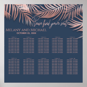 Navy blue rose gold foil tropical leaves romantic poster