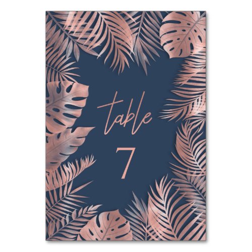 Navy blue rose gold foil  tropical leaves romantic table number