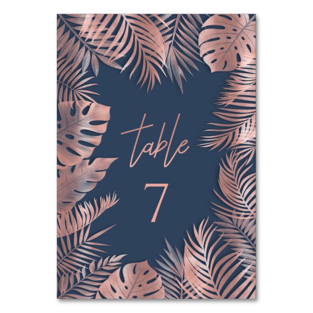 Navy blue rose gold foil  tropical leaves romantic table number (Front)