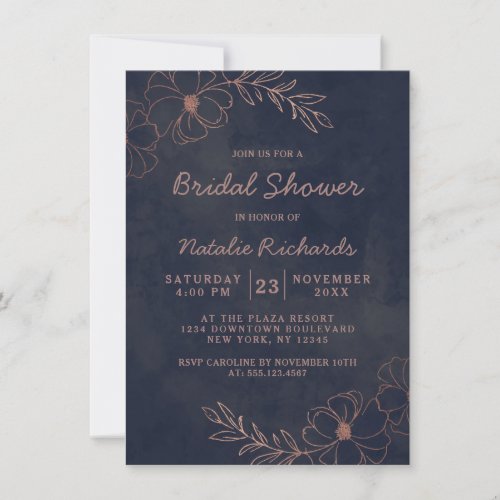Navy Blue  Rose Gold Foil Wedding Bridal Shower Invitation