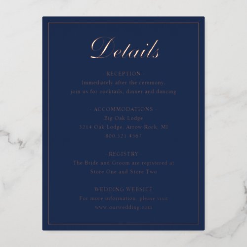 Navy Blue Rose Gold Foil Wedding Enclosure Card