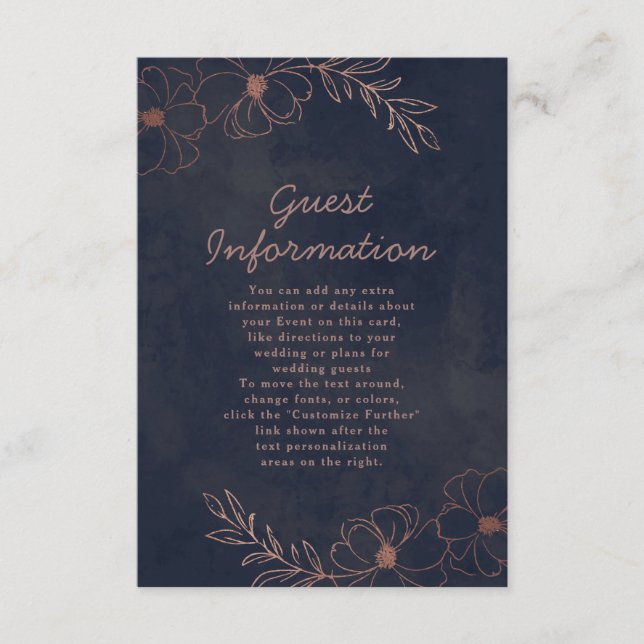 Navy Blue & Rose Gold Foil Wedding Information Enclosure Card (Front)