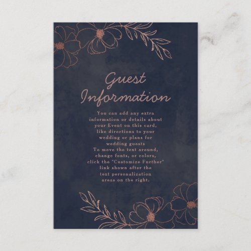 Navy Blue  Rose Gold Foil Wedding Information Enclosure Card