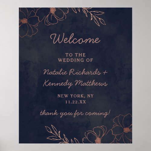 Navy Blue  Rose Gold Foil Wedding Welcome Sign