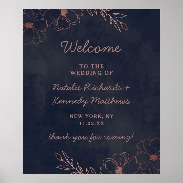 Navy Blue & Rose Gold Foil Wedding Welcome Sign (Front)