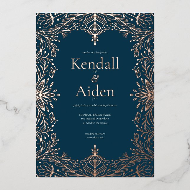 Navy Blue Rose Gold Foil Whimsical Wedding Foil Invitation (Front)