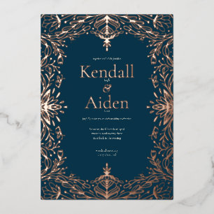Navy Blue Rose Gold Foil Whimsical Wedding Invitation