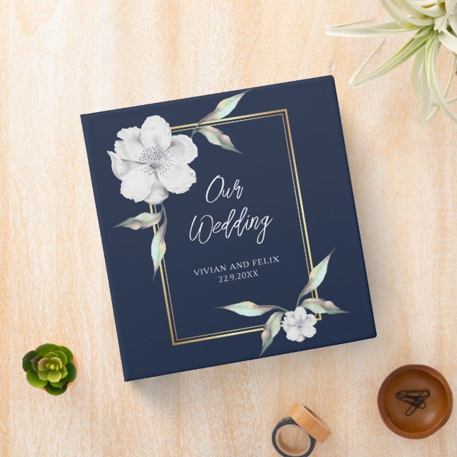 Navy Blue Rose Gold Frame Bridal Shower 3 Ring Binder (In Situ)