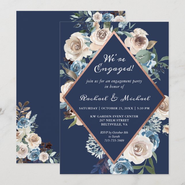 Navy Blue Rose Gold Frame Floral Engagement Party Invitation (Front/Back)