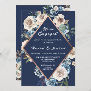 Navy Blue Rose Gold Frame Floral Engagement Party Invitation