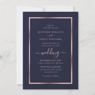 Navy Blue Rose Gold Frame Wedding Invitation