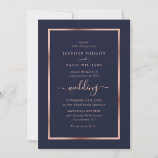 Navy Blue Rose Gold Frame Wedding Invitation