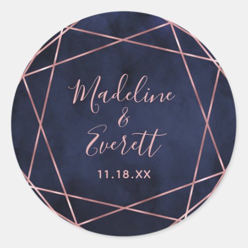 Navy Blue  Rose Gold Geometric Monogram Wedding Classic Round Sticker