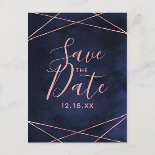 Navy Blue & Rose Gold Geometric Save the Date Announcement Postcard