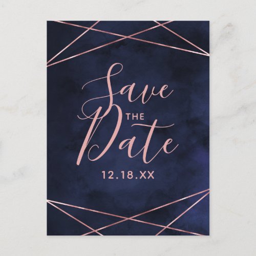 Navy Blue  Rose Gold Geometric Save the Date Announcement Postcard