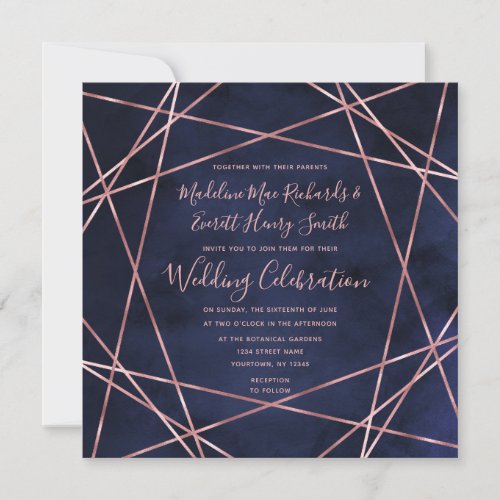 Navy Blue  Rose Gold Geometric Wedding Invitation