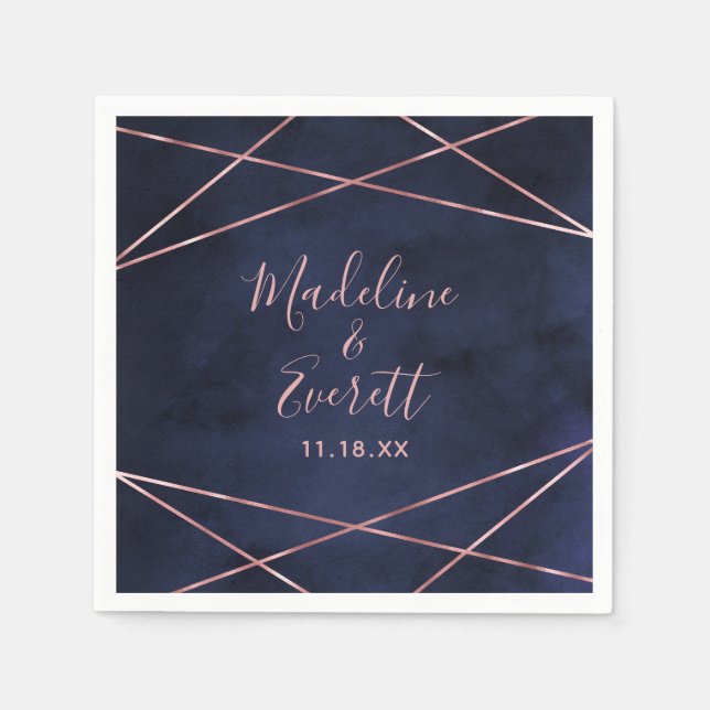 Navy Blue & Rose Gold Geometric Wedding Monogram Napkins (Front)
