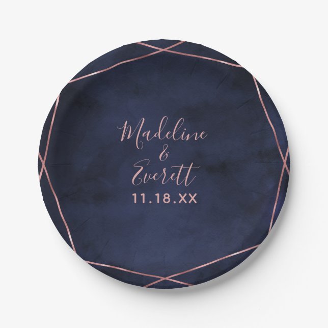 Navy Blue & Rose Gold Geometric Wedding Monogram Paper Plates (Front)