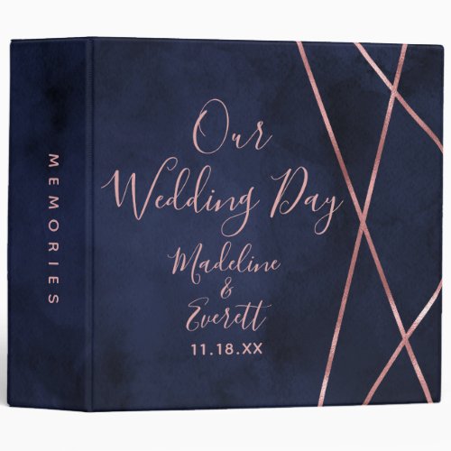 Navy Blue Rose Gold Geometric Wedding Photo Album 3 Ring Binder