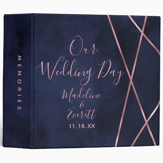 Navy Blue Rose Gold Geometric Wedding Photo Album 3 Ring Binder (Front/Spine)
