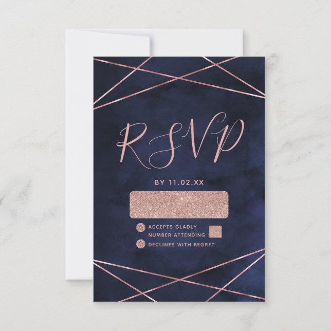 Navy Blue & Rose Gold Geometric Wedding RSVP (Front)