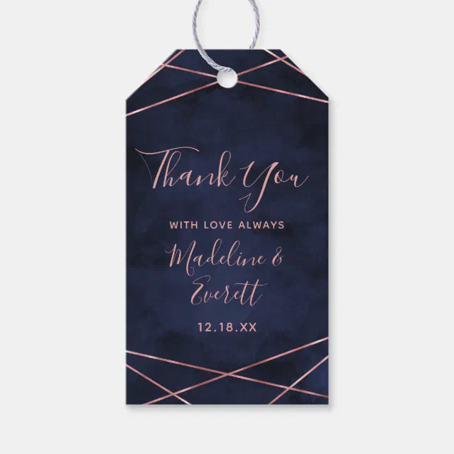 Navy Blue & Rose Gold Geometric Wedding Thank You Gift Tags | Zazzle