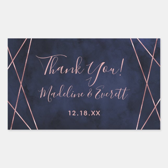 Navy Blue & Rose Gold Geometric Wedding Thank You Rectangular Sticker (Front)